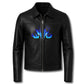 LJM0058 Men’s Black Leather Anime Warrior Jacket – Blue Flame Front Design & Bold Back Graphic Streetwear