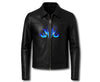 LJM0058 Men’s Black Leather Anime Warrior Jacket – Blue Flame Front Design & Bold Back Graphic Streetwear