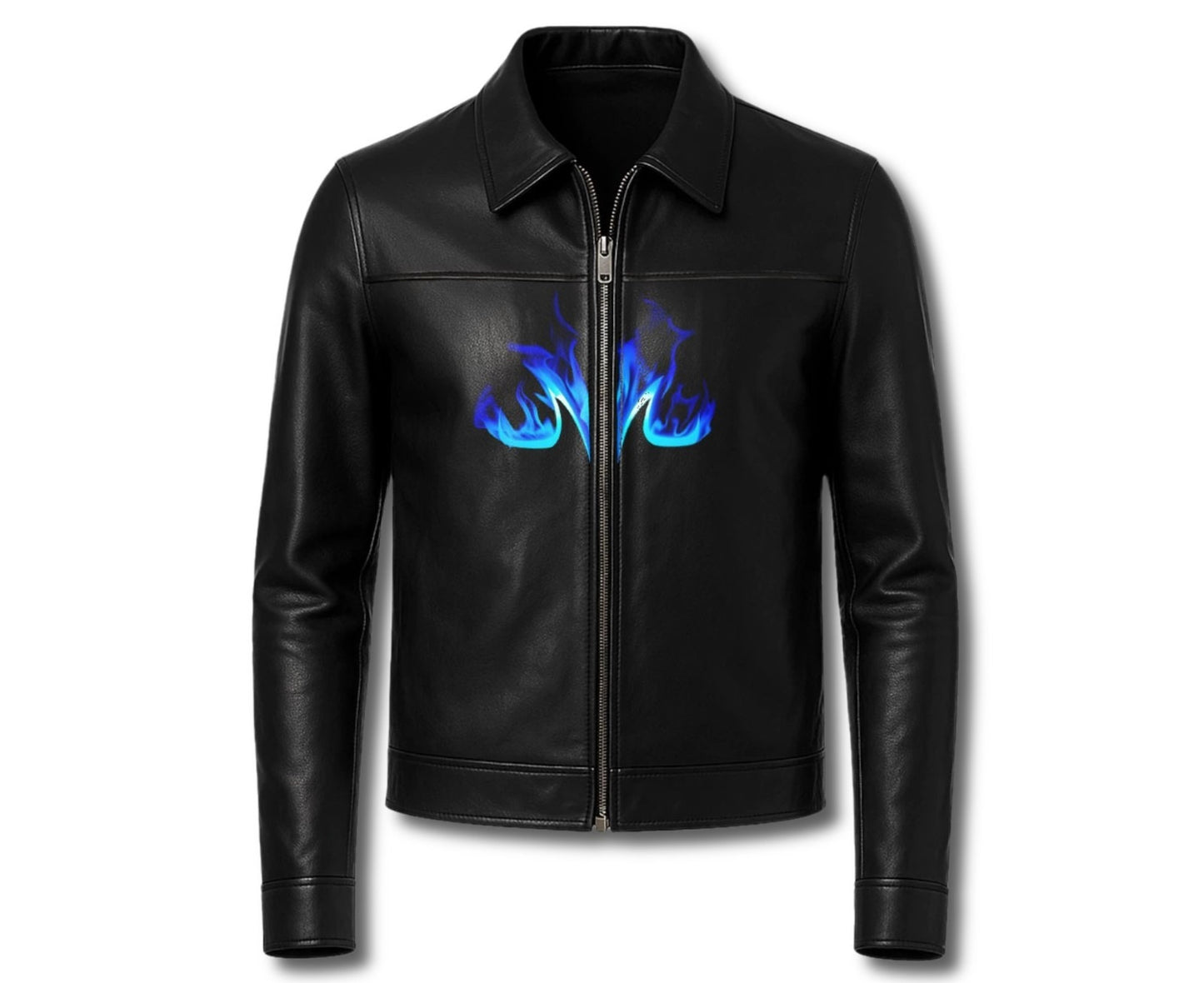 LJM0058 Men’s Black Leather Anime Warrior Jacket – Blue Flame Front Design & Bold Back Graphic Streetwear