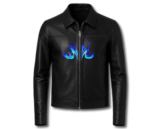 LJM0058 Men’s Black Leather Anime Warrior Jacket – Blue Flame Front Design & Bold Back Graphic Streetwear