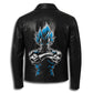 LJM0058 Men’s Black Leather Anime Warrior Jacket – Blue Flame Front Design & Bold Back Graphic Streetwear