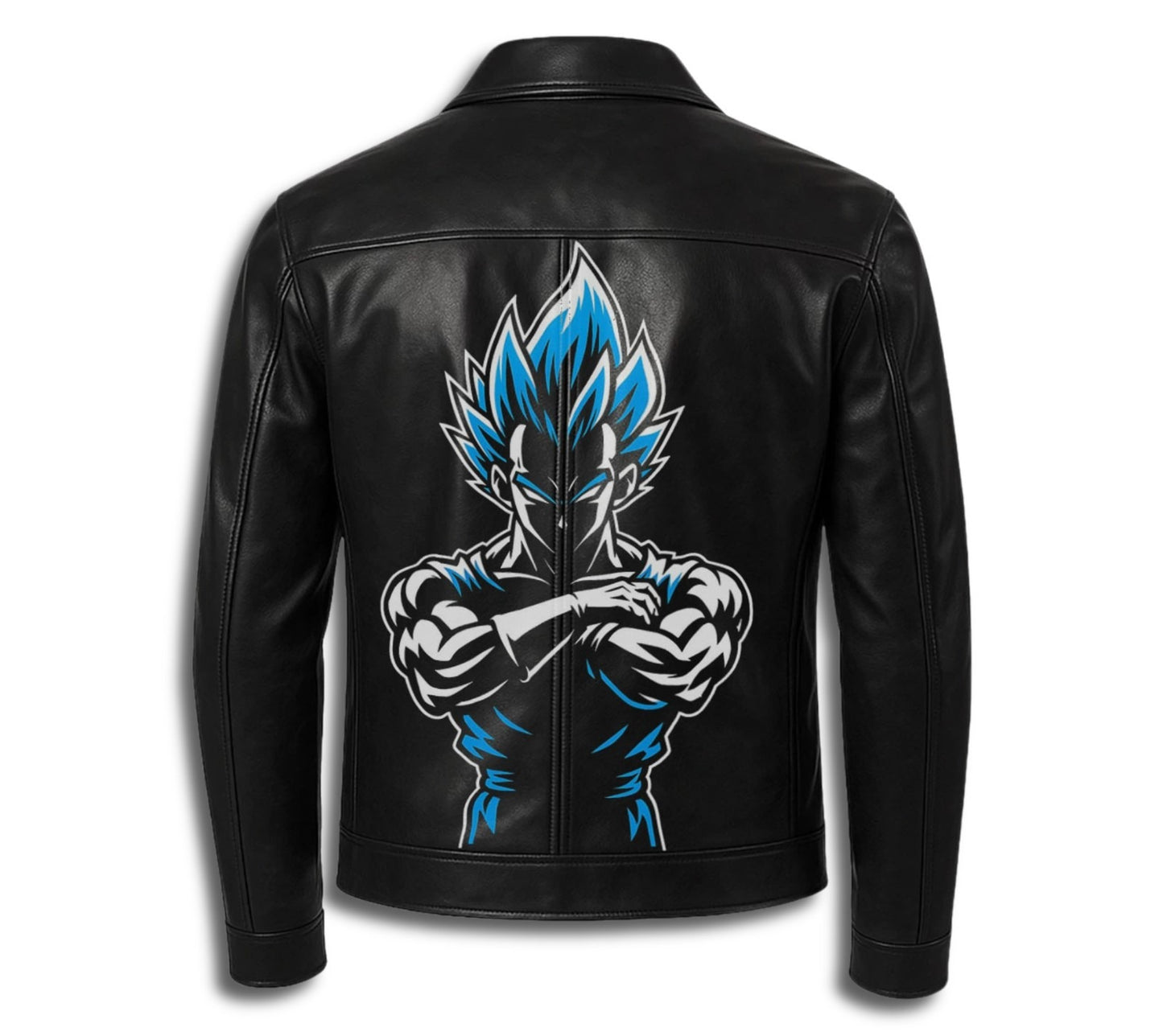 LJM0058 Men’s Black Leather Anime Warrior Jacket – Blue Flame Front Design & Bold Back Graphic Streetwear