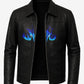 LJM0058 Men’s Black Leather Anime Warrior Jacket – Blue Flame Front Design & Bold Back Graphic Streetwear