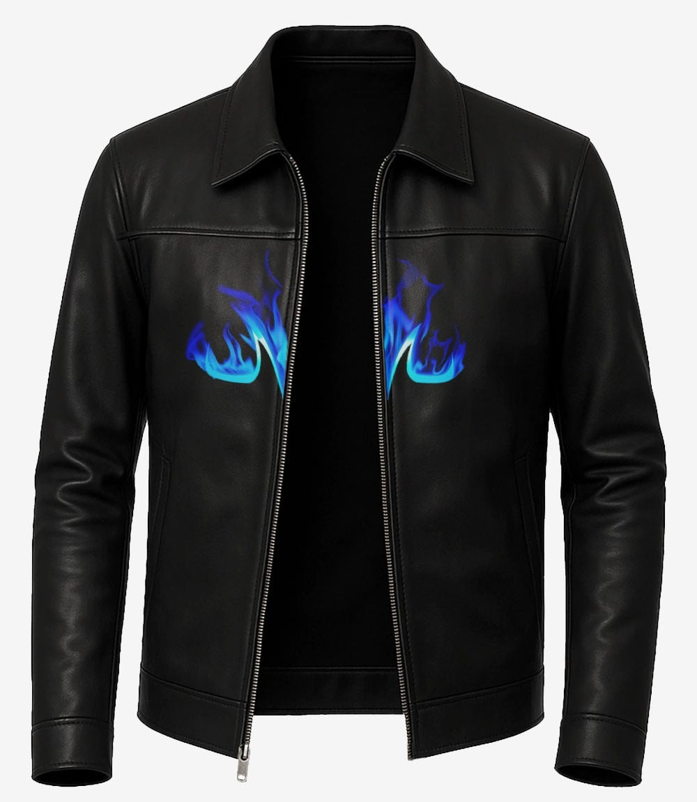 LJM0058 Men’s Black Leather Anime Warrior Jacket – Blue Flame Front Design & Bold Back Graphic Streetwear