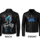 LJM0058 Men’s Black Leather Anime Warrior Jacket – Blue Flame Front Design & Bold Back Graphic Streetwear