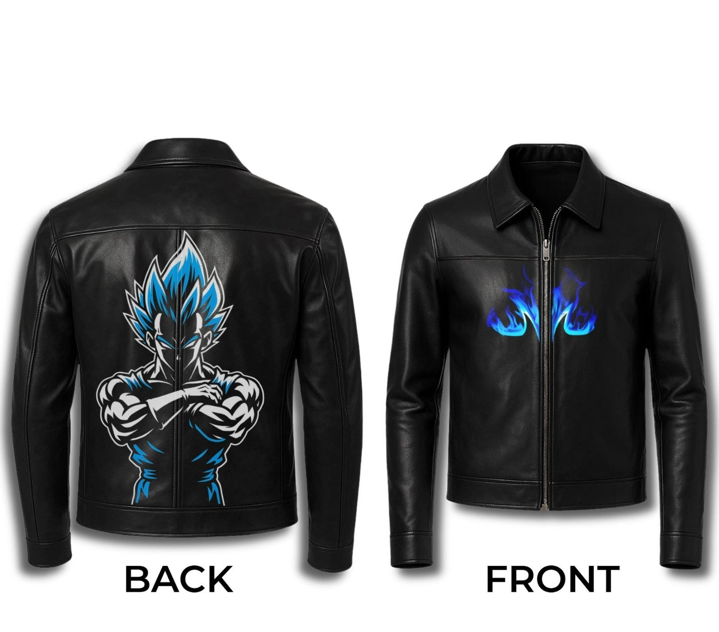 LJM0058 Men’s Black Leather Anime Warrior Jacket – Blue Flame Front Design & Bold Back Graphic Streetwear
