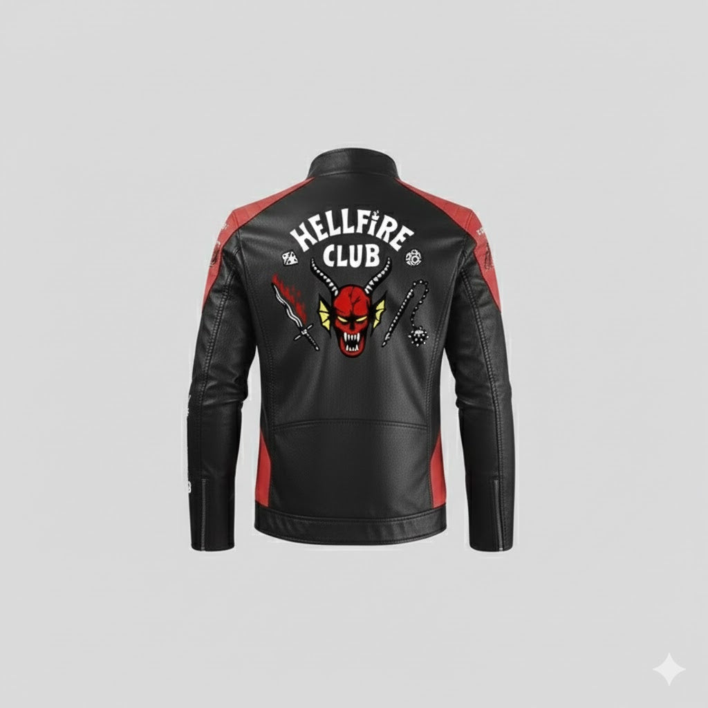 LJM0062 Men’s Hellfire Club Black & Red Leather Motorcycle Jacket – Stranger Inspired Graphic Biker Style Outerwear