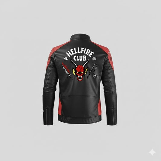 LJM0062 Men’s Hellfire Club Black & Red Leather Motorcycle Jacket – Stranger Inspired Graphic Biker Style Outerwear