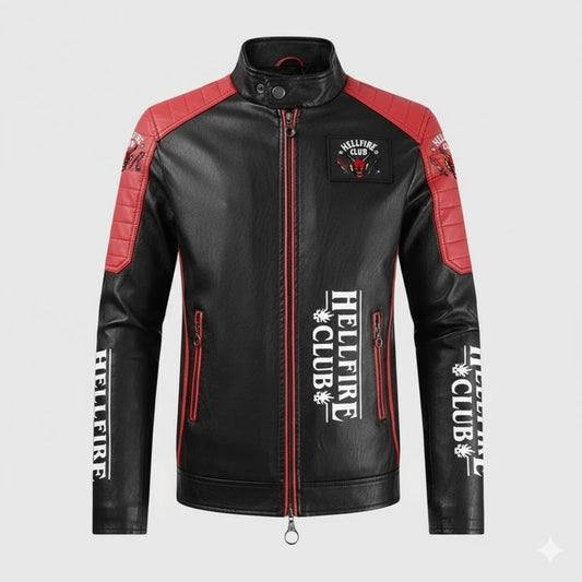 LJM0062 Men’s Hellfire Club Black & Red Leather Motorcycle Jacket – Stranger Inspired Graphic Biker Style Outerwear