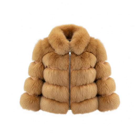 FJF0008 Luxury Women’s Premium Golden Fox Fur Bubble Jacket – Ultra Soft, Winter Warmth, High-Fashion Statement Outerwear