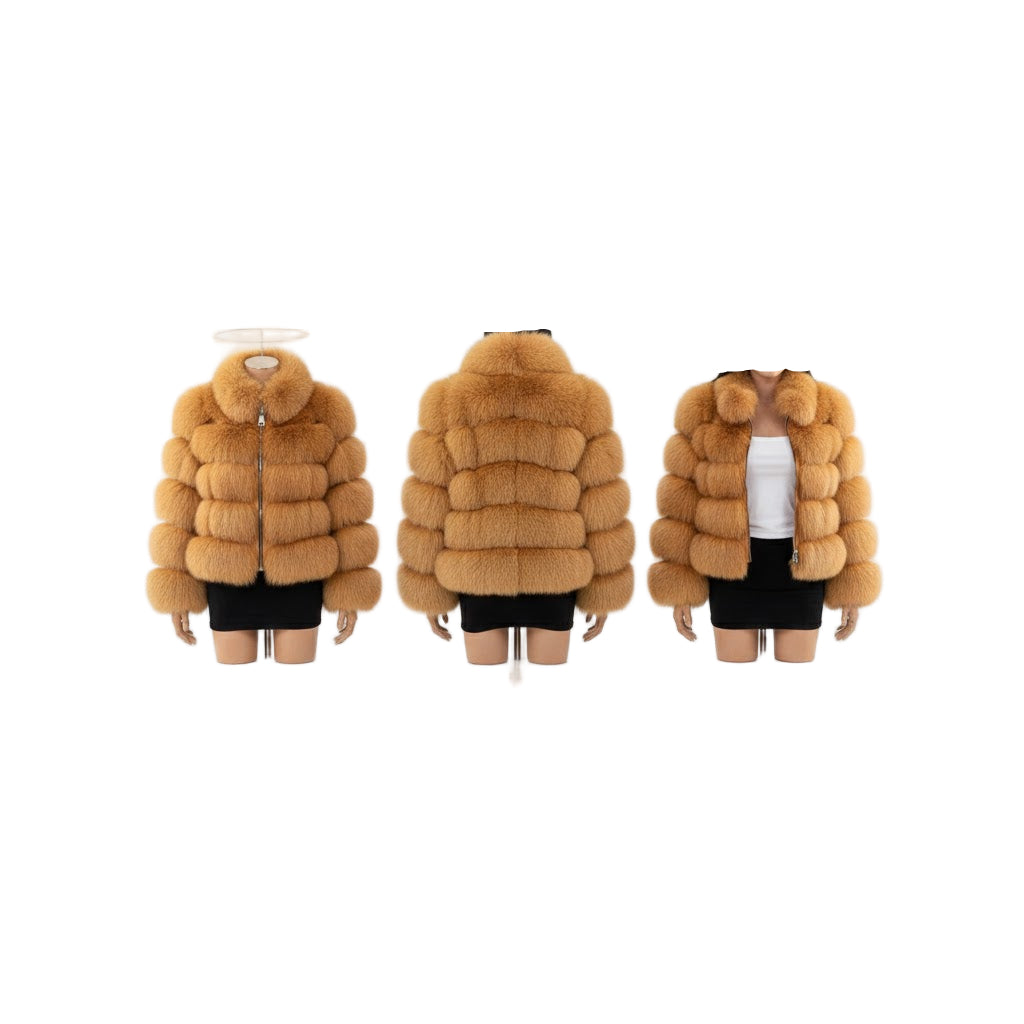 FJF0008 Luxury Women’s Premium Golden Fox Fur Bubble Jacket – Ultra Soft, Winter Warmth, High-Fashion Statement Outerwear