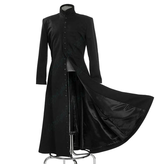 MDJ001 Men's Matrix Neo Inspired Black Twill Trench Coat – Keanu Reeves Long Cotton Jacket for Men