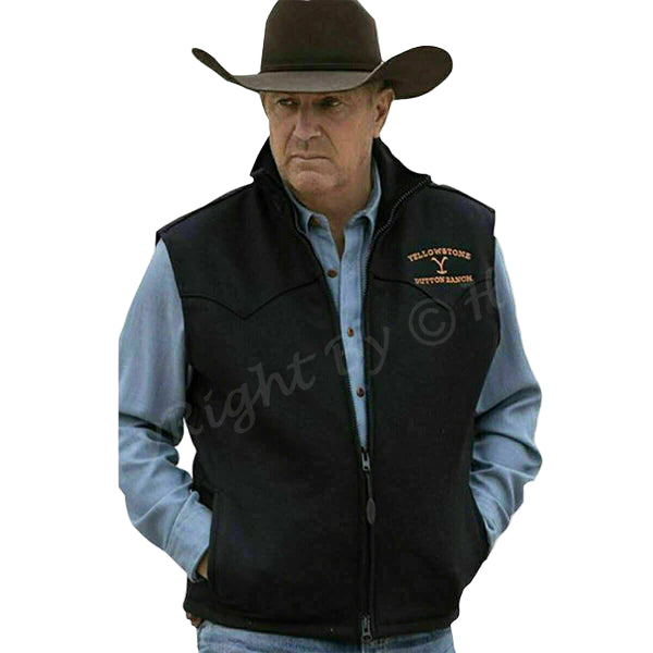 DJM0005 Yellowstone Men's Vest Wool Kevin Costner John Dutton Black Denim Jacket