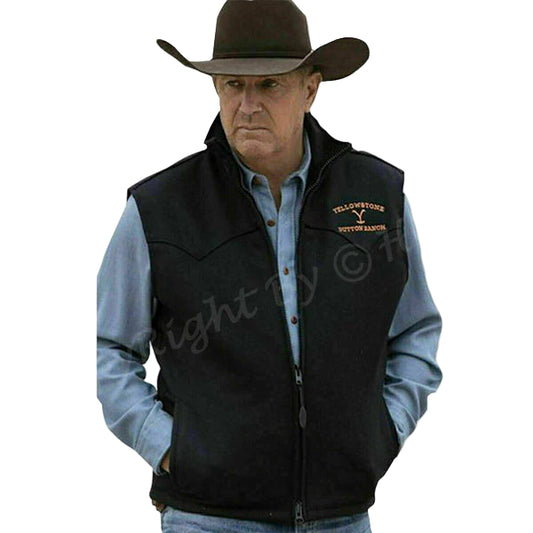 DJM0005 Yellowstone Men's Vest Wool Kevin Costner John Dutton Black Denim Jacket