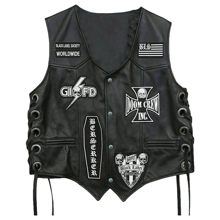 LJM0087 Men's Black Label Society Genuine Leather Vest Zakk Wylda Vest BLS Patches Jacket