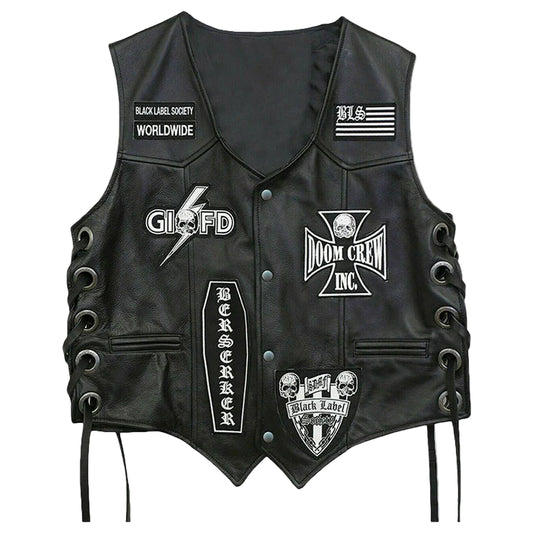 LJM0087 Men's Black Label Society Genuine Leather Vest Zakk Wylda Vest BLS Patches Jacket
