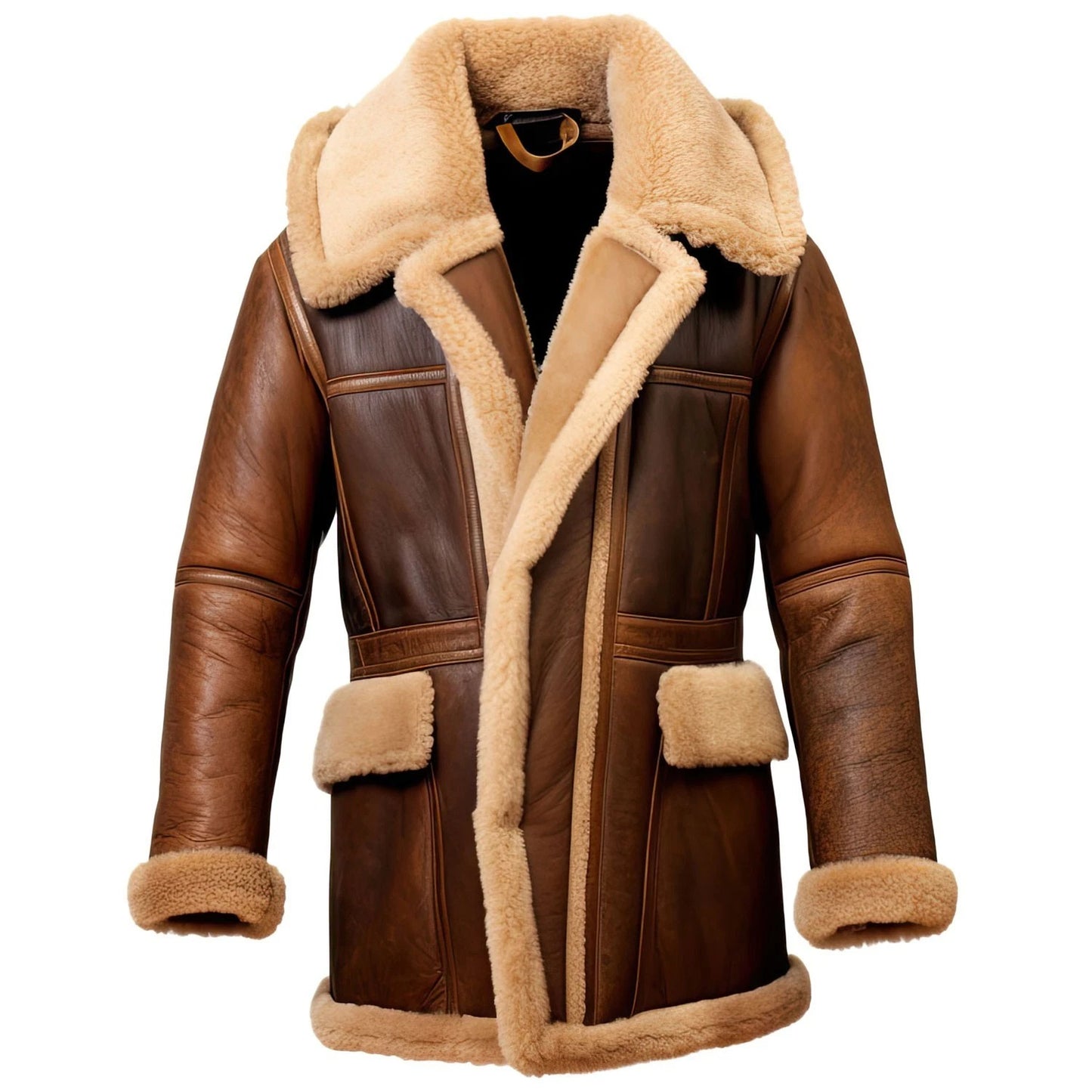 FCM0011 Men’s Aviator Winter Fur-Lined Long Coat – Vintage Brown Flight Style with Plush Collar & Warm Interior