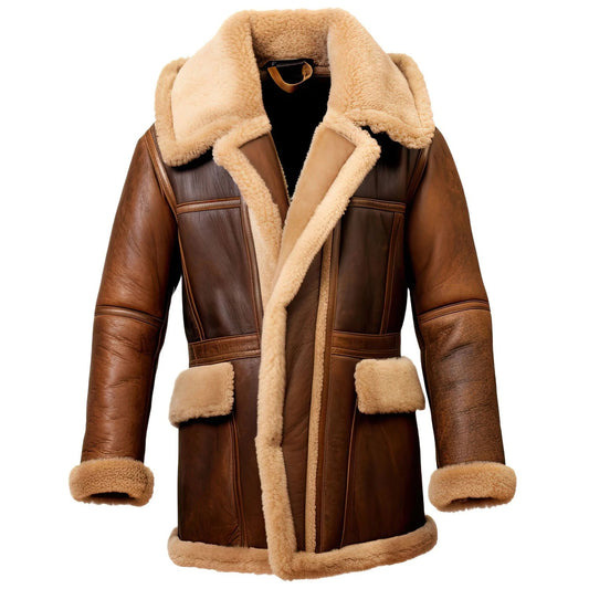 FCM0011 Men’s Aviator Winter Fur-Lined Long Coat – Vintage Brown Flight Style with Plush Collar & Warm Interior