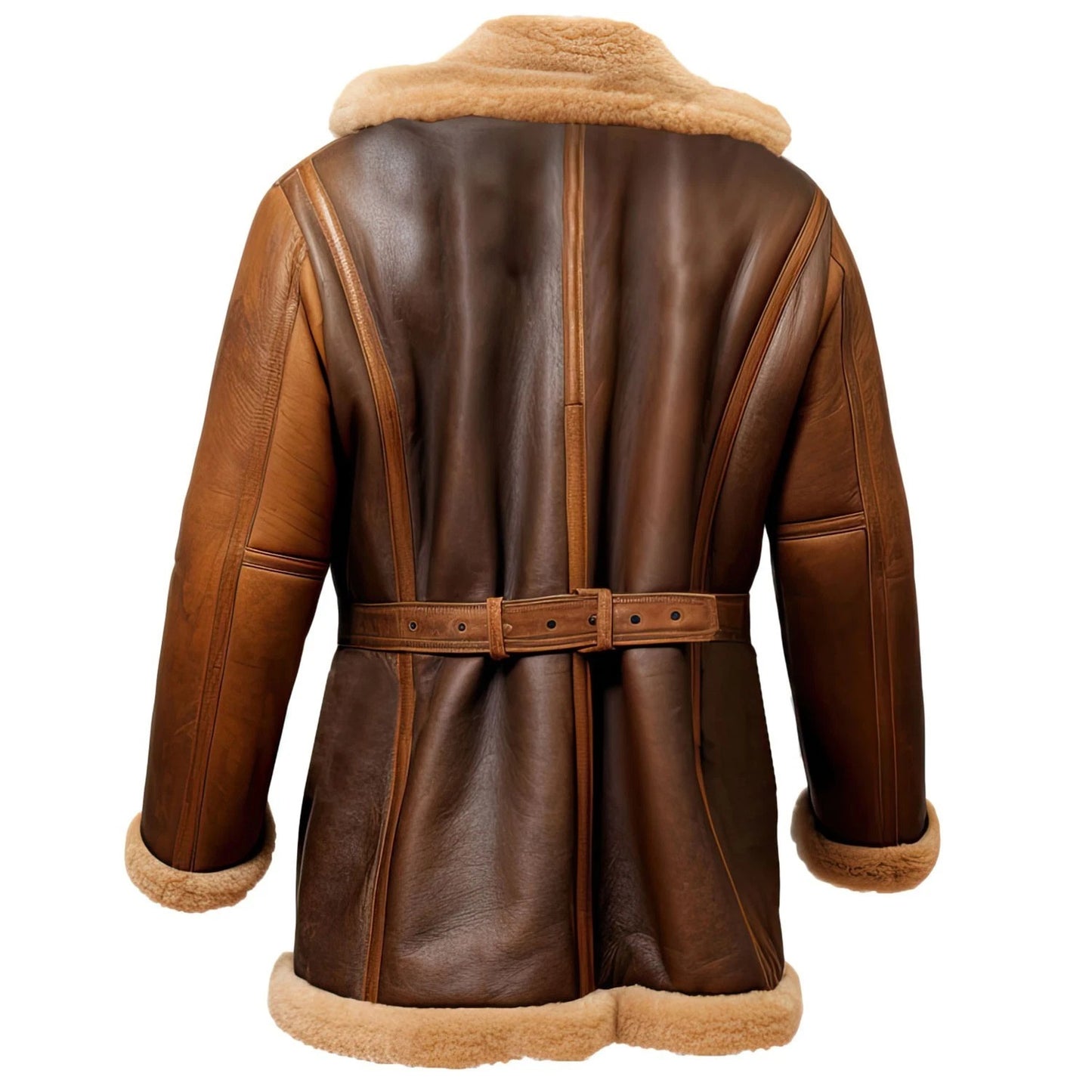 FCM0011 Men’s Aviator Winter Fur-Lined Long Coat – Vintage Brown Flight Style with Plush Collar & Warm Interior