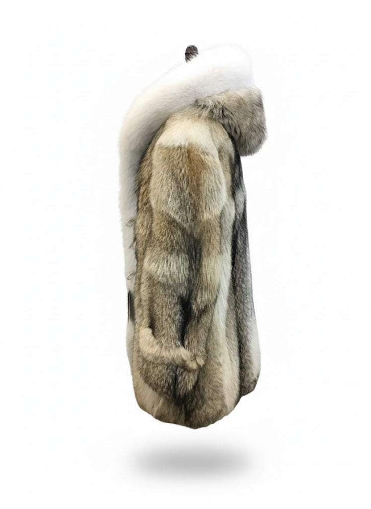 FCM0016 Men's Luxury Dual-Tone Arctic White & Natural Beige Fox Fur – Premium Winter Hooded Coat