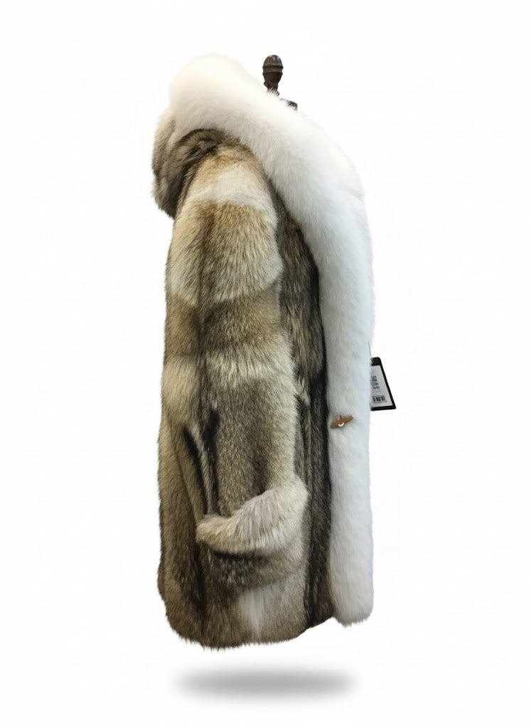FCM0016 Men's Luxury Dual-Tone Arctic White & Natural Beige Fox Fur – Premium Winter Hooded Coat