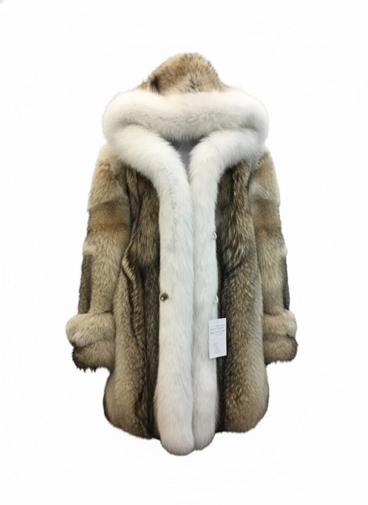 FCM0016 Men's Luxury Dual-Tone Arctic White & Natural Beige Fox Fur – Premium Winter Hooded Coat
