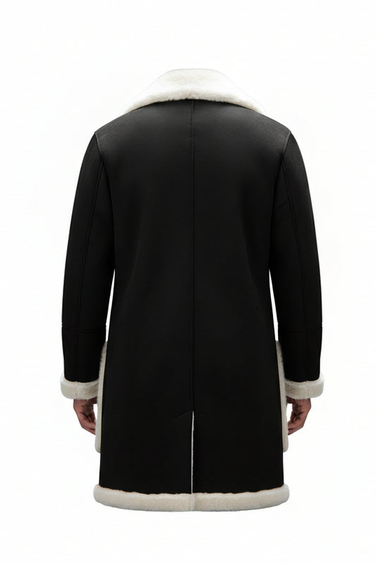 FCM0017 Men’s Black Suede Leather Winter Overcoat – Long Lapel Collar Warm Coat for Cold Cozy Weather Coat