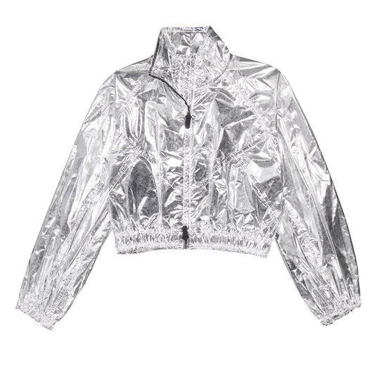 LJF0018 Women’s High-Shine Silver Metallic Puffer Style Windbreaker Jacket – Trendy Oversized Street Dancing wear Outerwear Coat