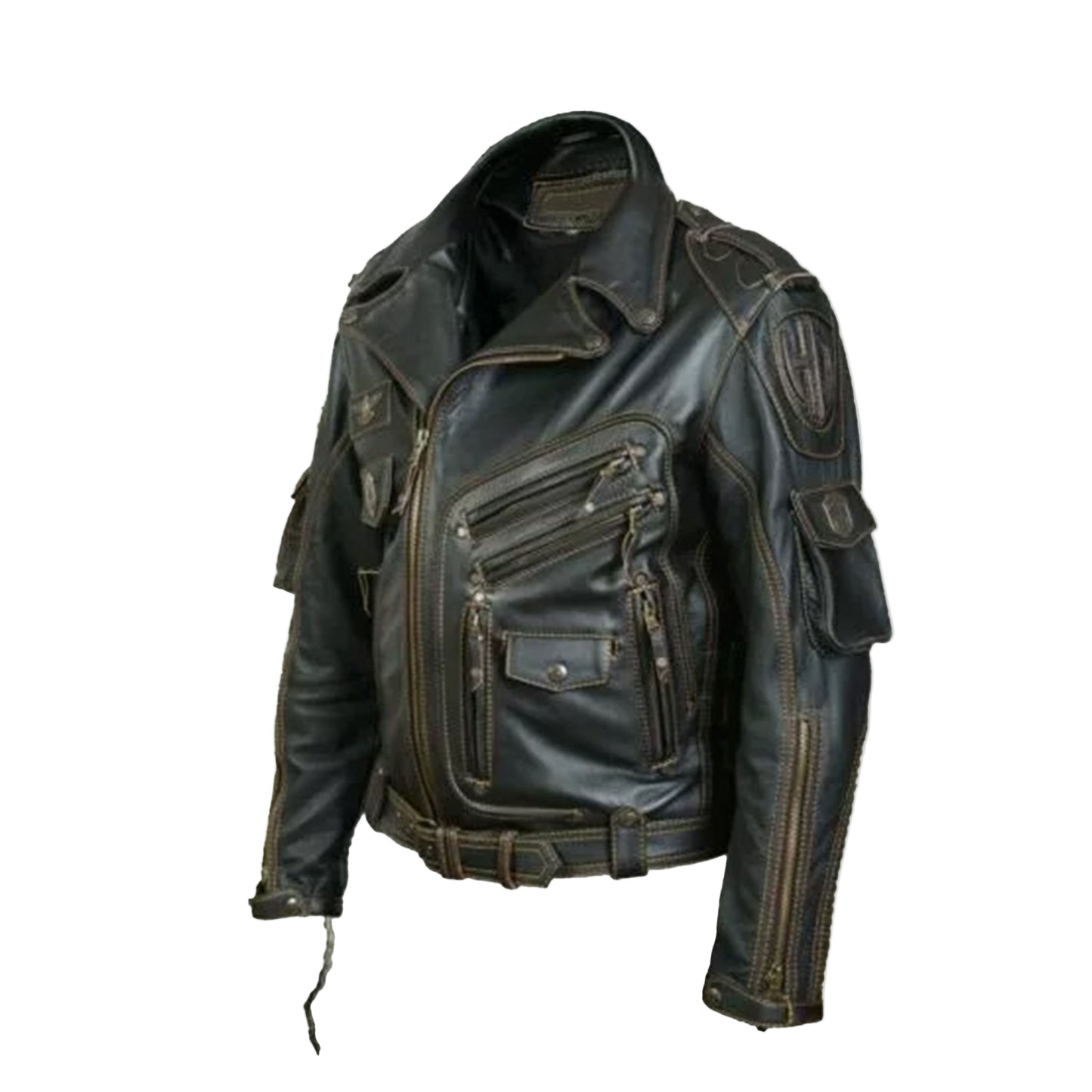 LJM0004 Men’s Police Biker Black & Brown Real Leather Jacket – Dual Tone Motorcycle Rider Style