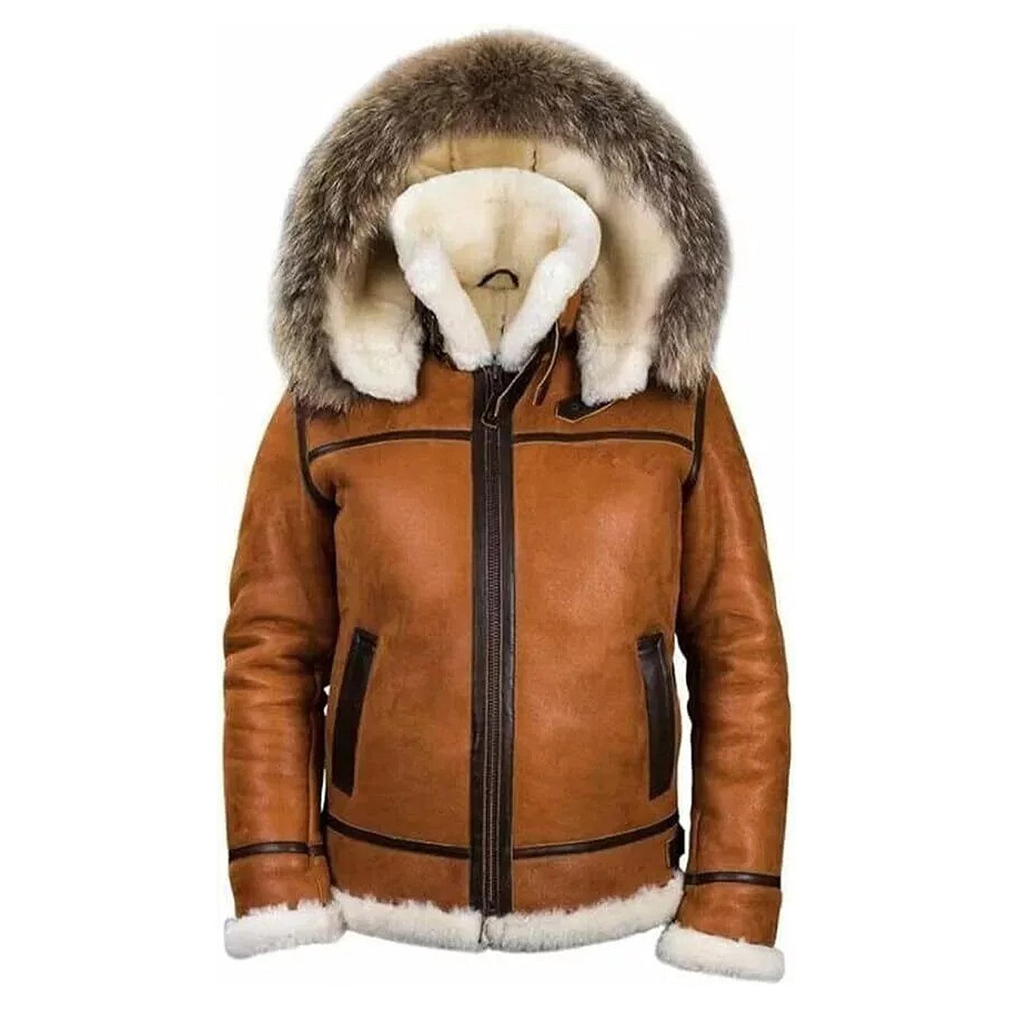 FJM002 Men’s Classic Top Gun B3 Shearling Leather Jacket – Dean Tan with White Fox Fur Hood | Premium Winter Aviator Style