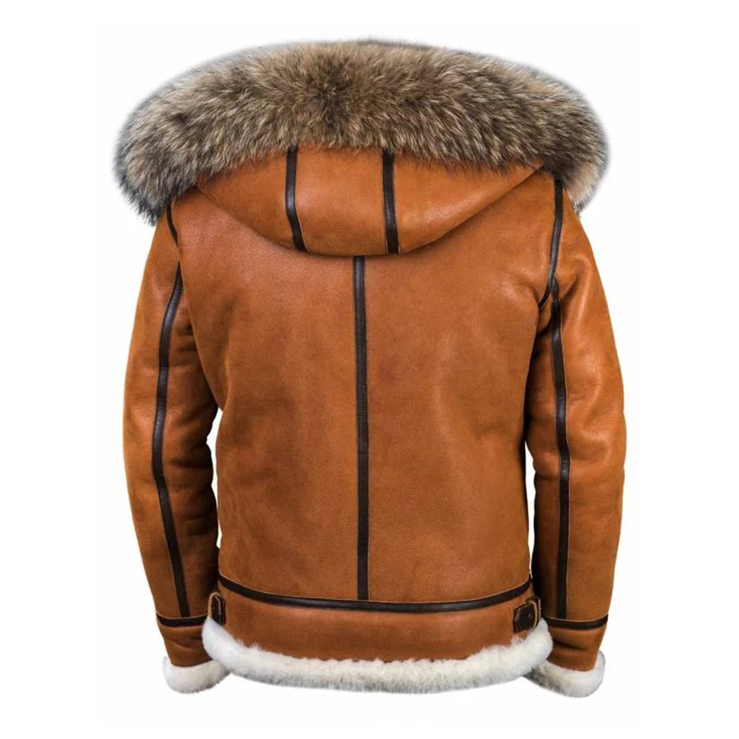 FJM002 Men’s Classic Top Gun B3 Shearling Leather Jacket – Dean Tan with White Fox Fur Hood | Premium Winter Aviator Style