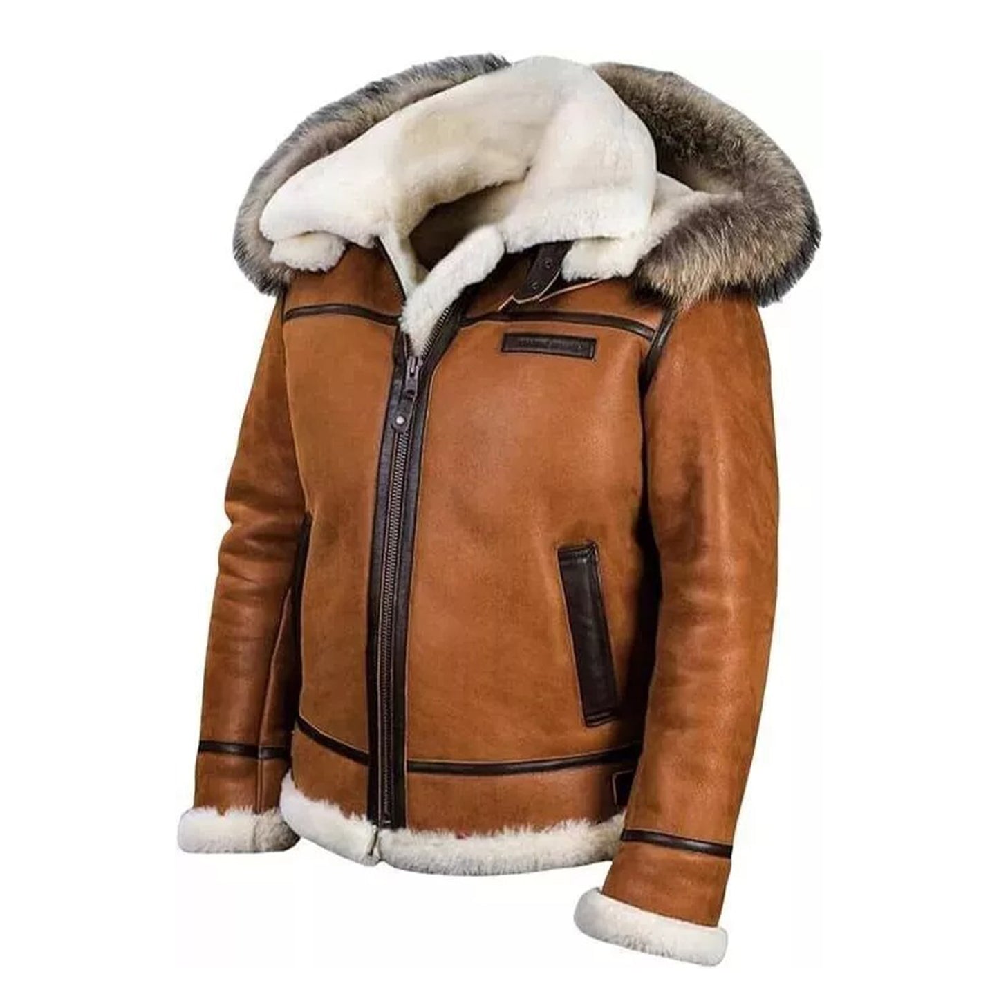 FJM002 Men’s Classic Top Gun B3 Shearling Leather Jacket – Dean Tan with White Fox Fur Hood | Premium Winter Aviator Style