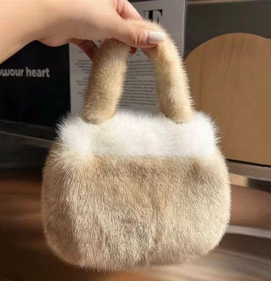 WB006 Women’s Luxury Fur Mini Handbag – Soft Plush Crossbody Purse (Brown / Beige / Black)