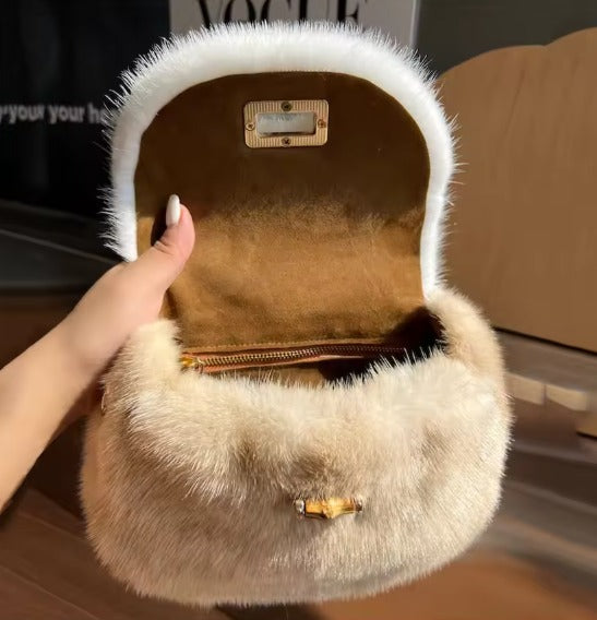 WB006 Women’s Luxury Fur Mini Handbag – Soft Plush Crossbody Purse (Brown / Beige / Black)