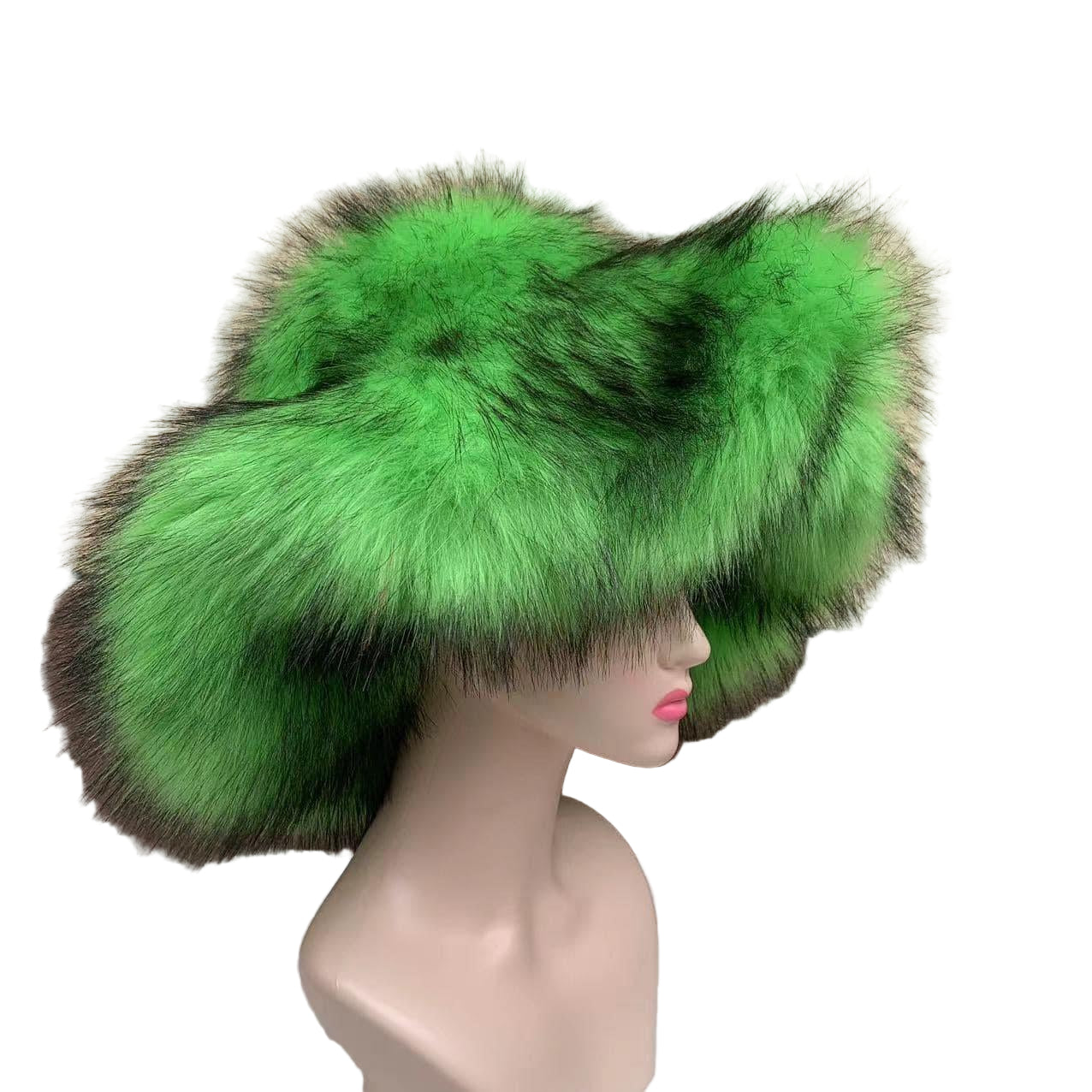 WC004 Women’s Green Fox Fur Winter Bucket Hat – Plush Stylish Cold-Weather Hat