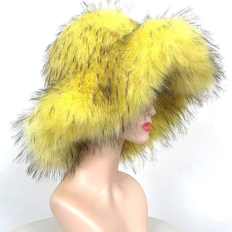 WC002 Women’s Yellow Fox Fur Winter Bucket Hat – Cozy Plush Warm Fashion Accessory