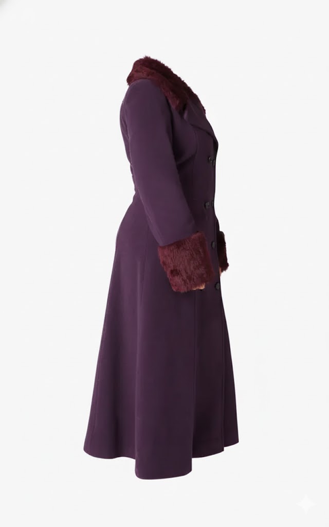 LCF0002 Women’s Alexa Purple Wool-Blend Military Maxi Coat – Double-Breasted Faux-Fur Trim Full Length