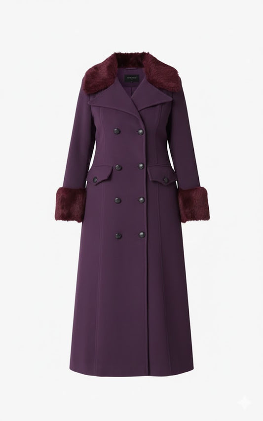 LCF0002 Women’s Alexa Purple Wool-Blend Military Maxi Coat – Double-Breasted Faux-Fur Trim Full Length