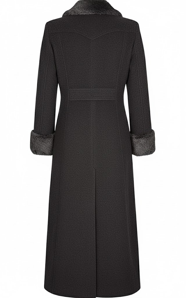 LCF0003 Women’s Gray Wool-Blend Maxi Coat – Military Style with Faux Fur Trim & Elegant Silhouette