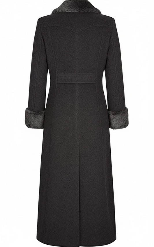 LCF0003 Women’s Gray Wool-Blend Maxi Coat – Military Style with Faux Fur Trim & Elegant Silhouette