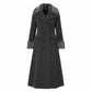 LCF0003 Women’s Gray Wool-Blend Maxi Coat – Military Style with Faux Fur Trim & Elegant Silhouette