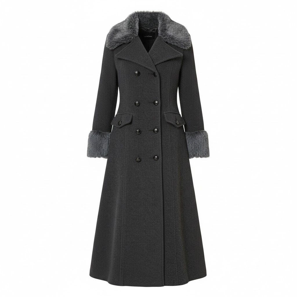 LCF0003 Women’s Gray Wool-Blend Maxi Coat – Military Style with Faux Fur Trim & Elegant Silhouette