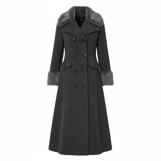 LCF0003 Women’s Gray Wool-Blend Maxi Coat – Military Style with Faux Fur Trim & Elegant Silhouette