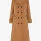 LCF0004 Women’s Alexa Camel Military Maxi Coat – Wool Blend, Faux Fur Trim, Double‑Breasted, Full Length