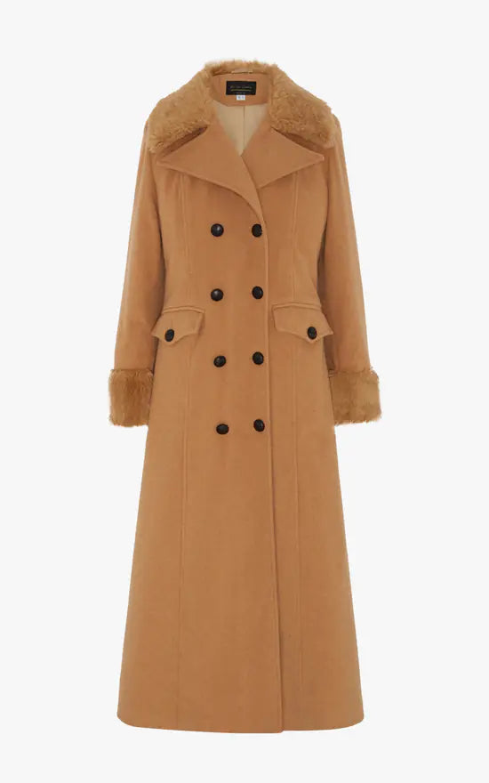 LCF0004 Women’s Alexa Camel Military Maxi Coat – Wool Blend, Faux Fur Trim, Double‑Breasted, Full Length