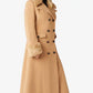 LCF0004 Women’s Alexa Camel Military Maxi Coat – Wool Blend, Faux Fur Trim, Double‑Breasted, Full Length