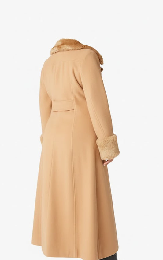 LCF0004 Women’s Alexa Camel Military Maxi Coat – Wool Blend, Faux Fur Trim, Double‑Breasted, Full Length