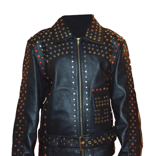LJF0002 Women’s Black Studded Biker Leather Jacket — Silver & Golden Pyramid Studs