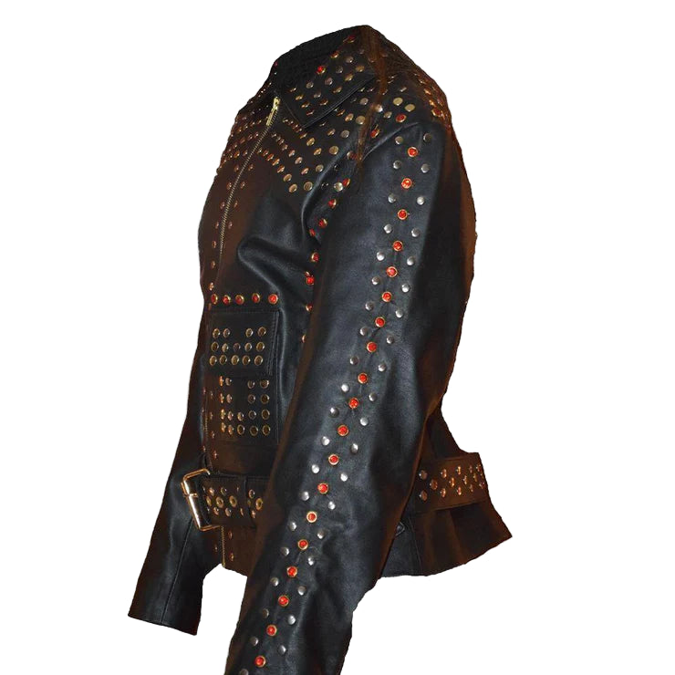 LJF0002 Women’s Black Studded Biker Leather Jacket — Silver & Golden Pyramid Studs