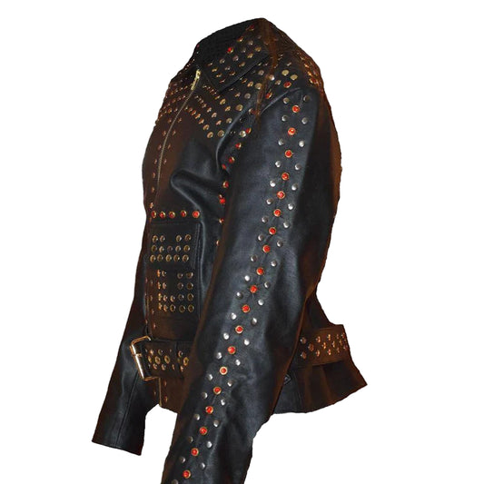 LJF0002 Women’s Black Studded Biker Leather Jacket — Silver & Golden Pyramid Studs